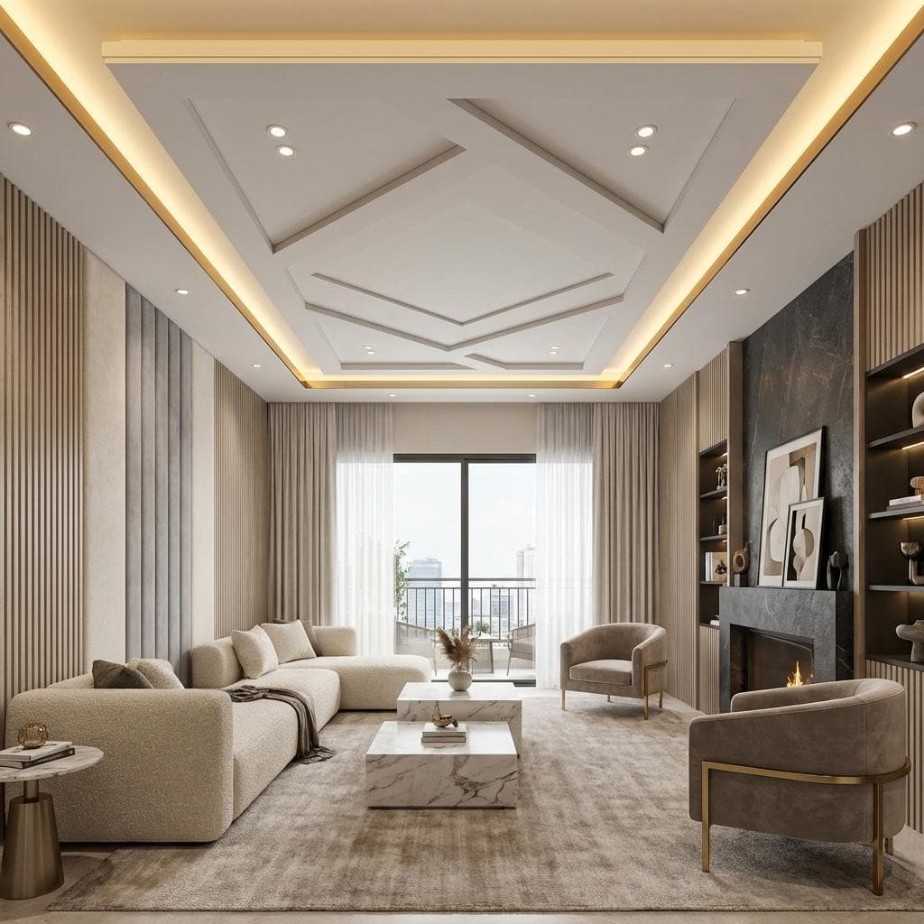 Living room with layered false ceiling
