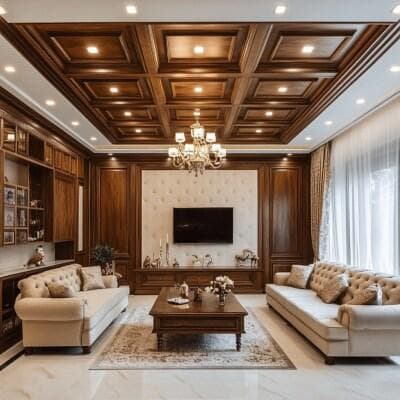 Coffered wooden ceiling in a living room