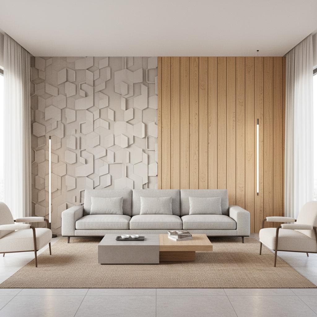 Living room with textured 3D wall panels and wood-look slats